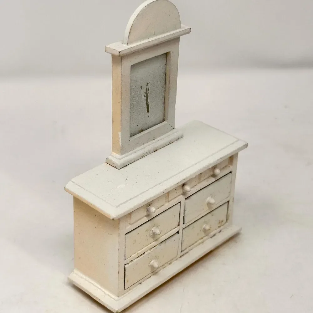 Vintage White Dollhouse Dresser 1:12 Miniature Vanity Wood Faux Drawers